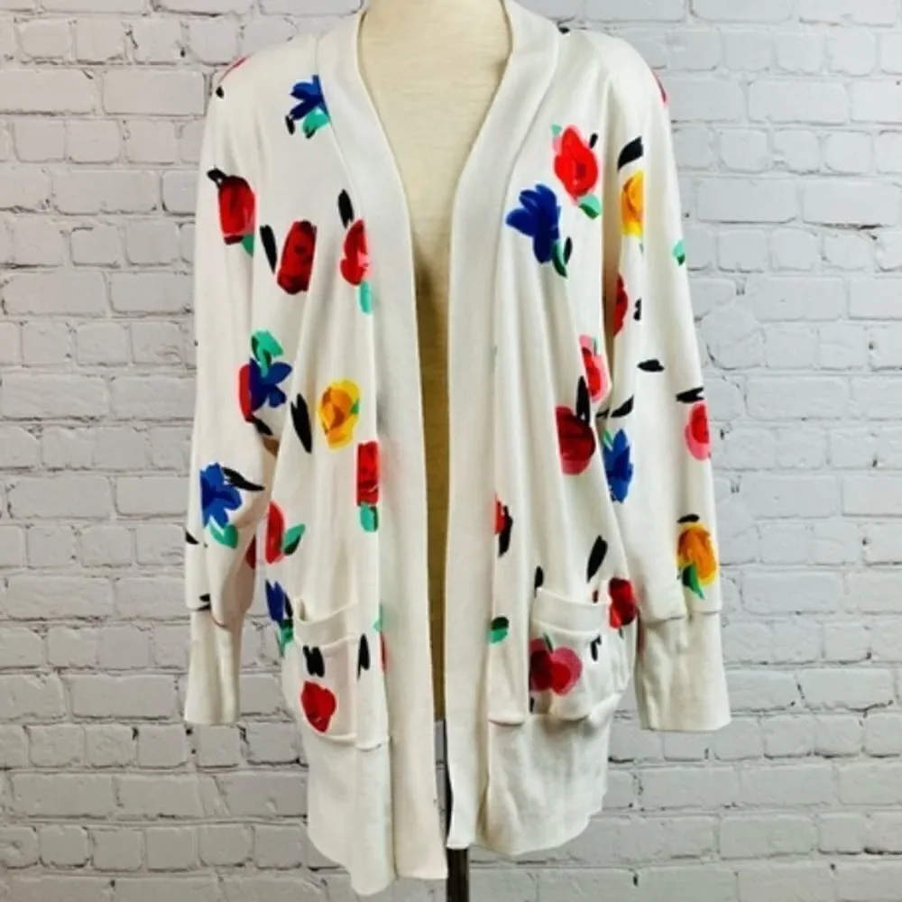 VTG 80s Peter Popovich Floral Print Varsity Cotton Blend Cardigan Sweater
